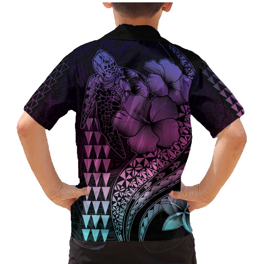 Hawaiian Sea Turtle Family Matching Mermaid Dress and Hawaiian Shirt Pink Hibiscus Flowers and Kakau Pattern