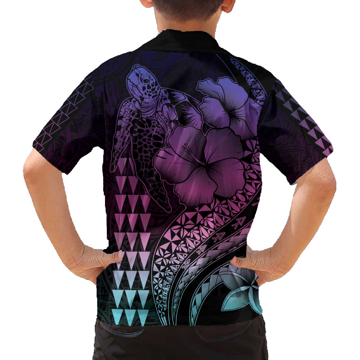 Hawaiian Sea Turtle Family Matching Off The Shoulder Long Sleeve Dress and Hawaiian Shirt Pink Hibiscus Flowers and Kakau Pattern