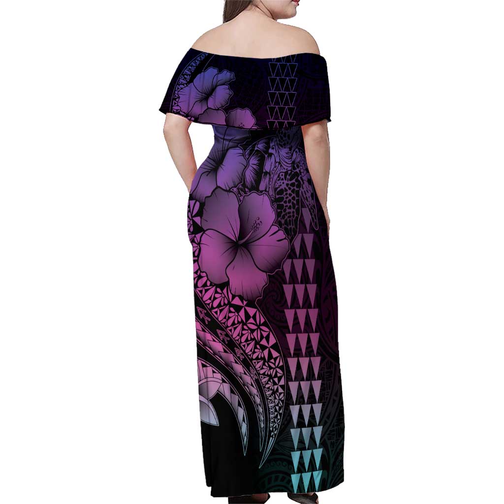 Hawaiian Sea Turtle Family Matching Off Shoulder Maxi Dress and Hawaiian Shirt Pink Hibiscus Flowers and Kakau Pattern