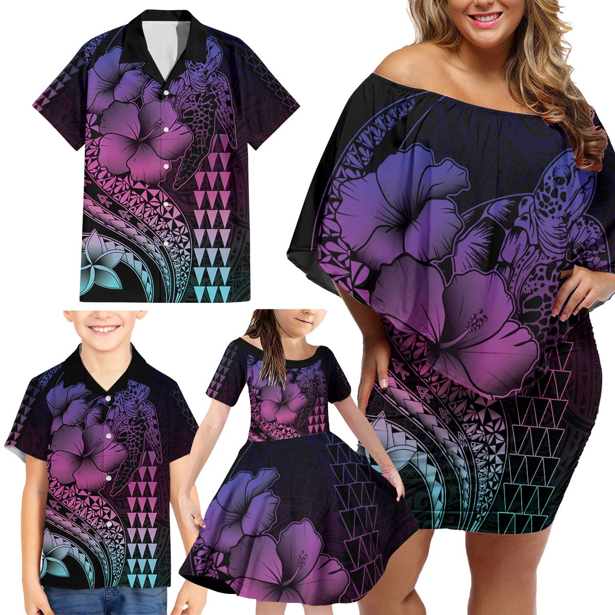 Hawaiian Sea Turtle Family Matching Off Shoulder Short Dress and Hawaiian Shirt Pink Hibiscus Flowers and Kakau Pattern