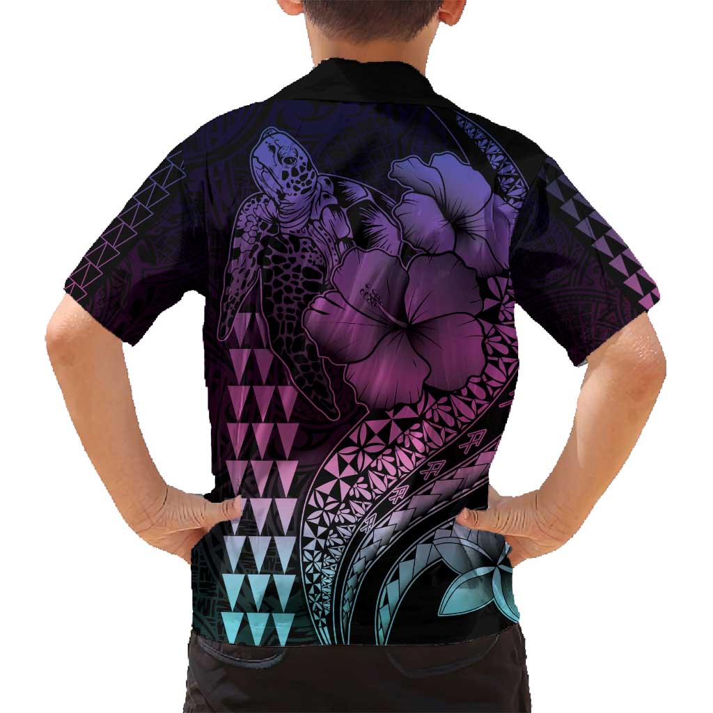 Hawaiian Sea Turtle Family Matching Summer Maxi Dress and Hawaiian Shirt Pink Hibiscus Flowers and Kakau Pattern