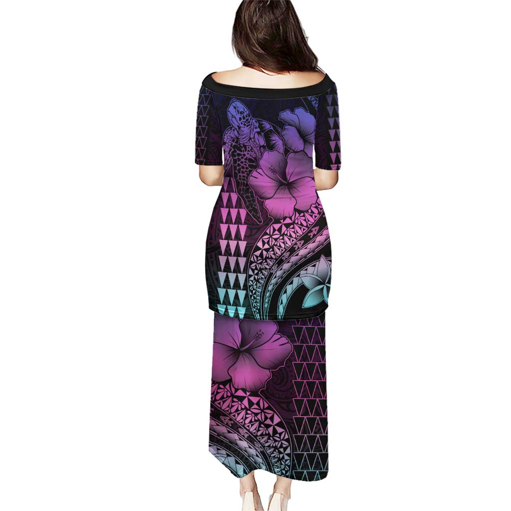 Hawaiian Sea Turtle Puletasi Pink Hibiscus Flowers and Kakau Pattern