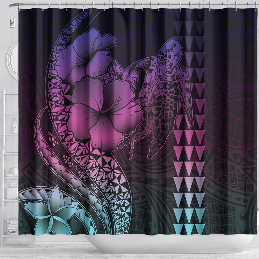 Hawaiian Sea Turtle Shower Curtain Pink Hibiscus Flowers and Kakau Pattern