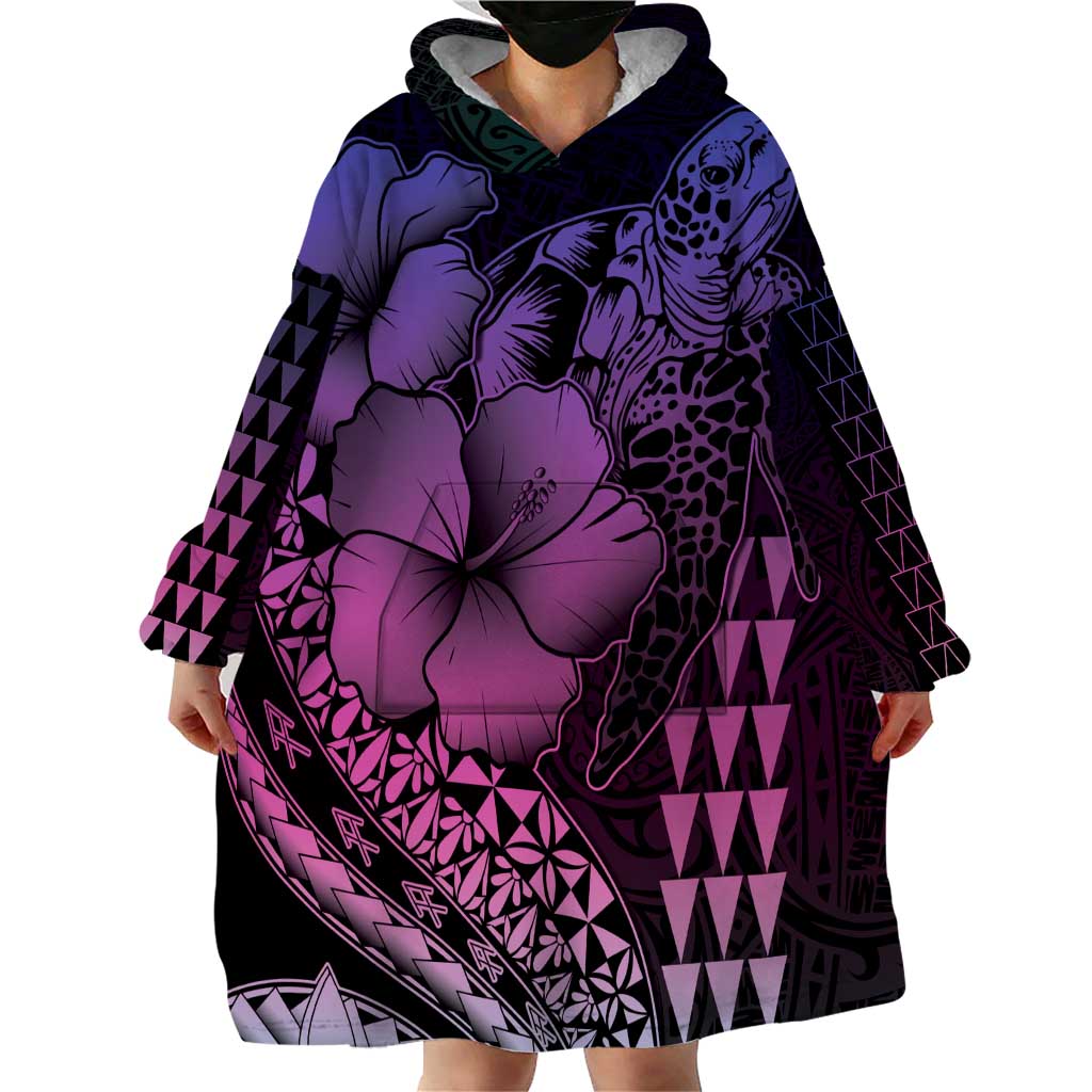 Hawaiian Sea Turtle Wearable Blanket Hoodie Pink Hibiscus Flowers and Kakau Pattern