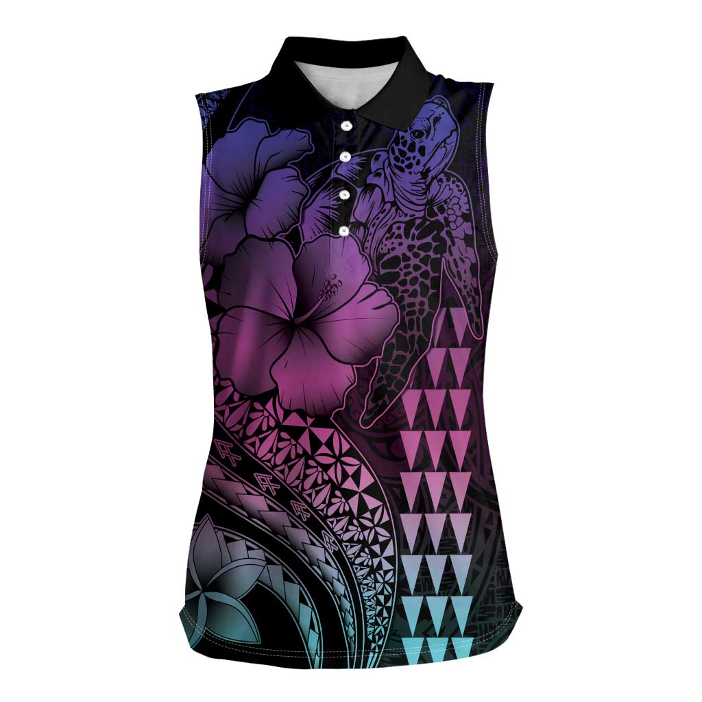 Hawaiian Sea Turtle Women Sleeveless Polo Shirt Pink Hibiscus Flowers and Kakau Pattern