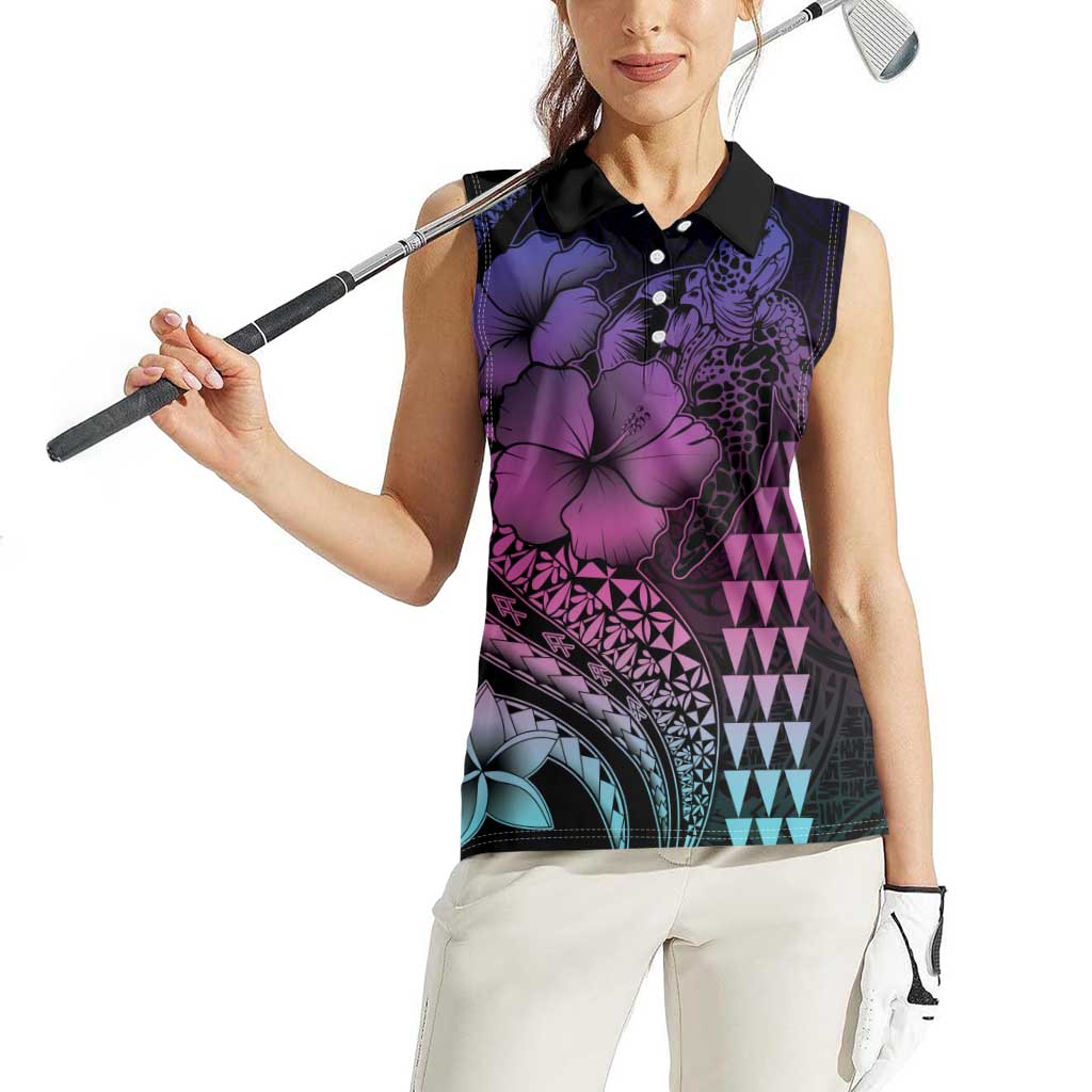 Hawaiian Sea Turtle Women Sleeveless Polo Shirt Pink Hibiscus Flowers and Kakau Pattern