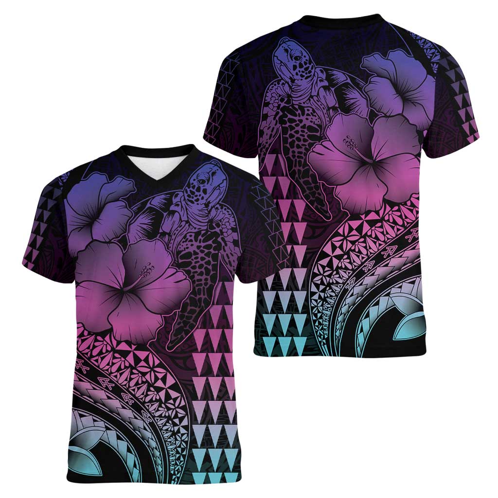 Hawaiian Sea Turtle Women V-Neck T-Shirt Pink Hibiscus Flowers and Kakau Pattern