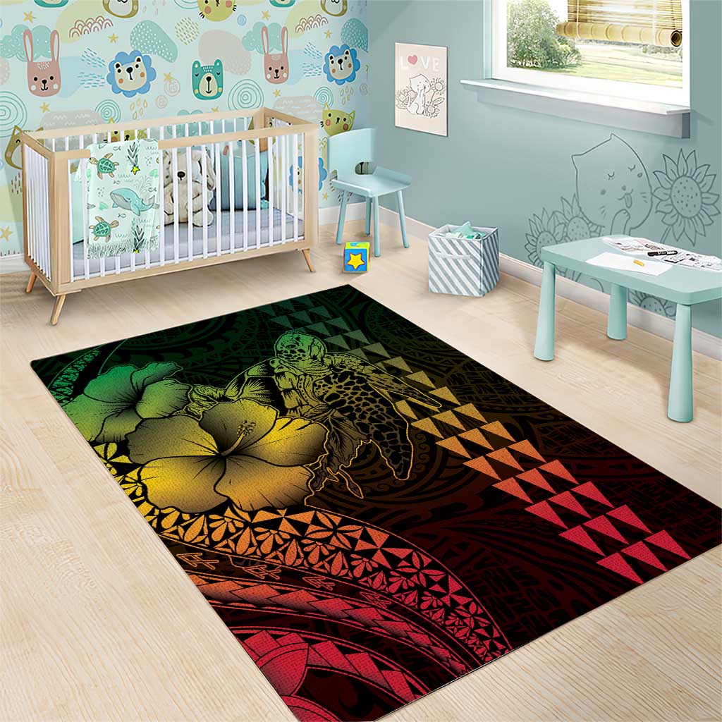 Hawaiian Sea Turtle Area Rug Reggae Hibiscus Flowers and Kakau Pattern