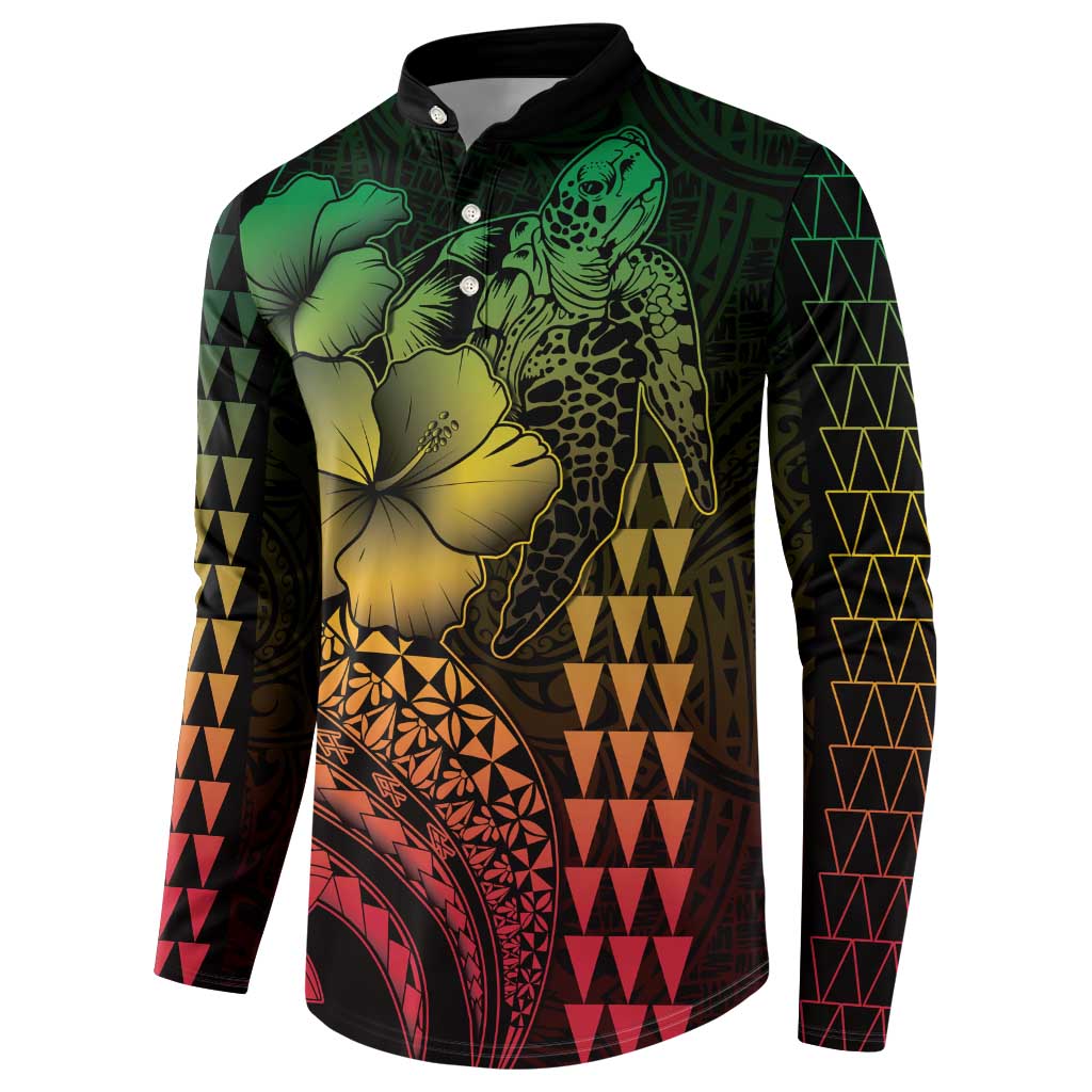 Hawaiian Sea Turtle Button Sweatshirt Reggae Hibiscus Flowers and Kakau Pattern