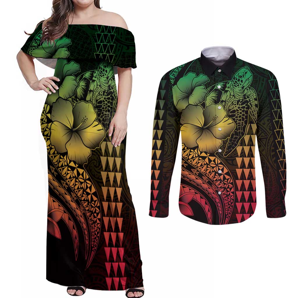 Hawaiian Sea Turtle Couples Matching Off Shoulder Maxi Dress and Long Sleeve Button Shirt Reggae Hibiscus Flowers and Kakau Pattern