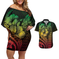 Hawaiian Sea Turtle Couples Matching Off Shoulder Short Dress and Hawaiian Shirt Reggae Hibiscus Flowers and Kakau Pattern