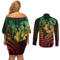 Hawaiian Sea Turtle Couples Matching Off Shoulder Short Dress and Long Sleeve Button Shirt Reggae Hibiscus Flowers and Kakau Pattern