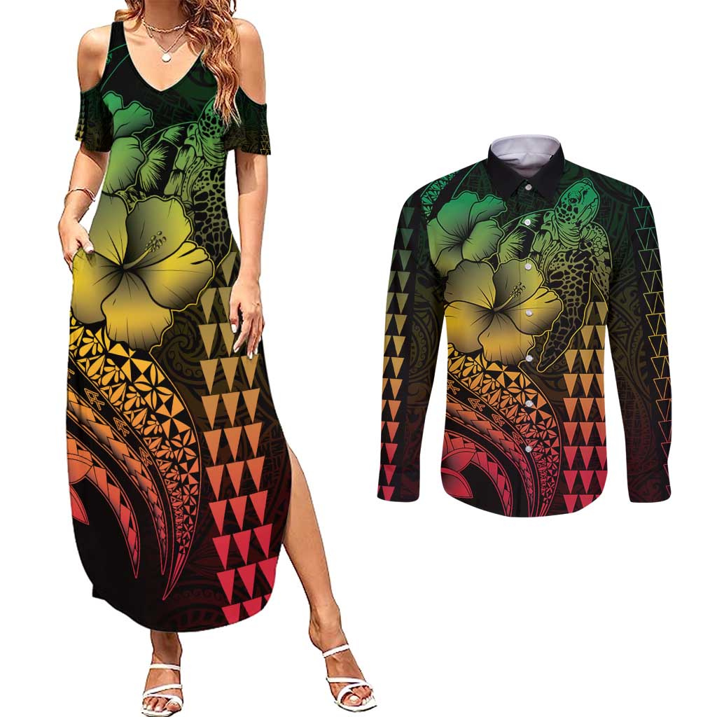 Hawaiian Sea Turtle Couples Matching Summer Maxi Dress and Long Sleeve Button Shirt Reggae Hibiscus Flowers and Kakau Pattern