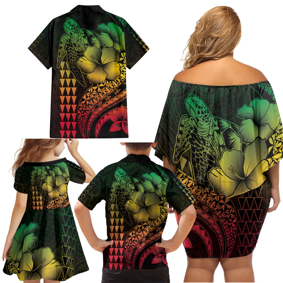 Hawaiian Sea Turtle Family Matching Off Shoulder Short Dress and Hawaiian Shirt Reggae Hibiscus Flowers and Kakau Pattern