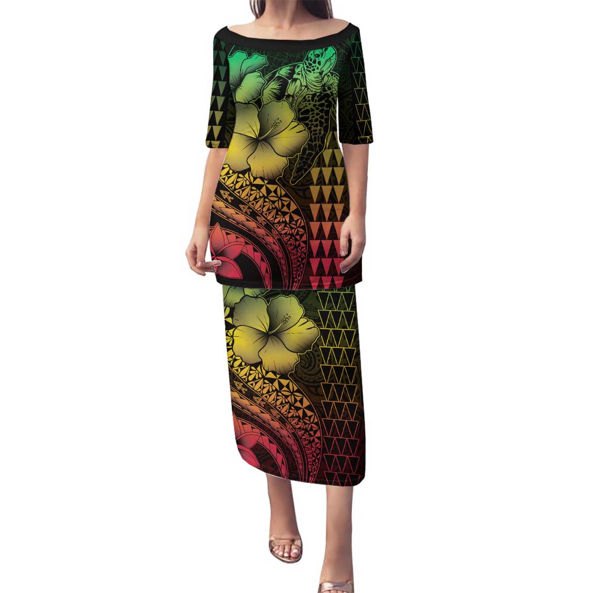 Hawaiian Sea Turtle Family Matching Puletasi and Hawaiian Shirt Reggae Hibiscus Flowers and Kakau Pattern