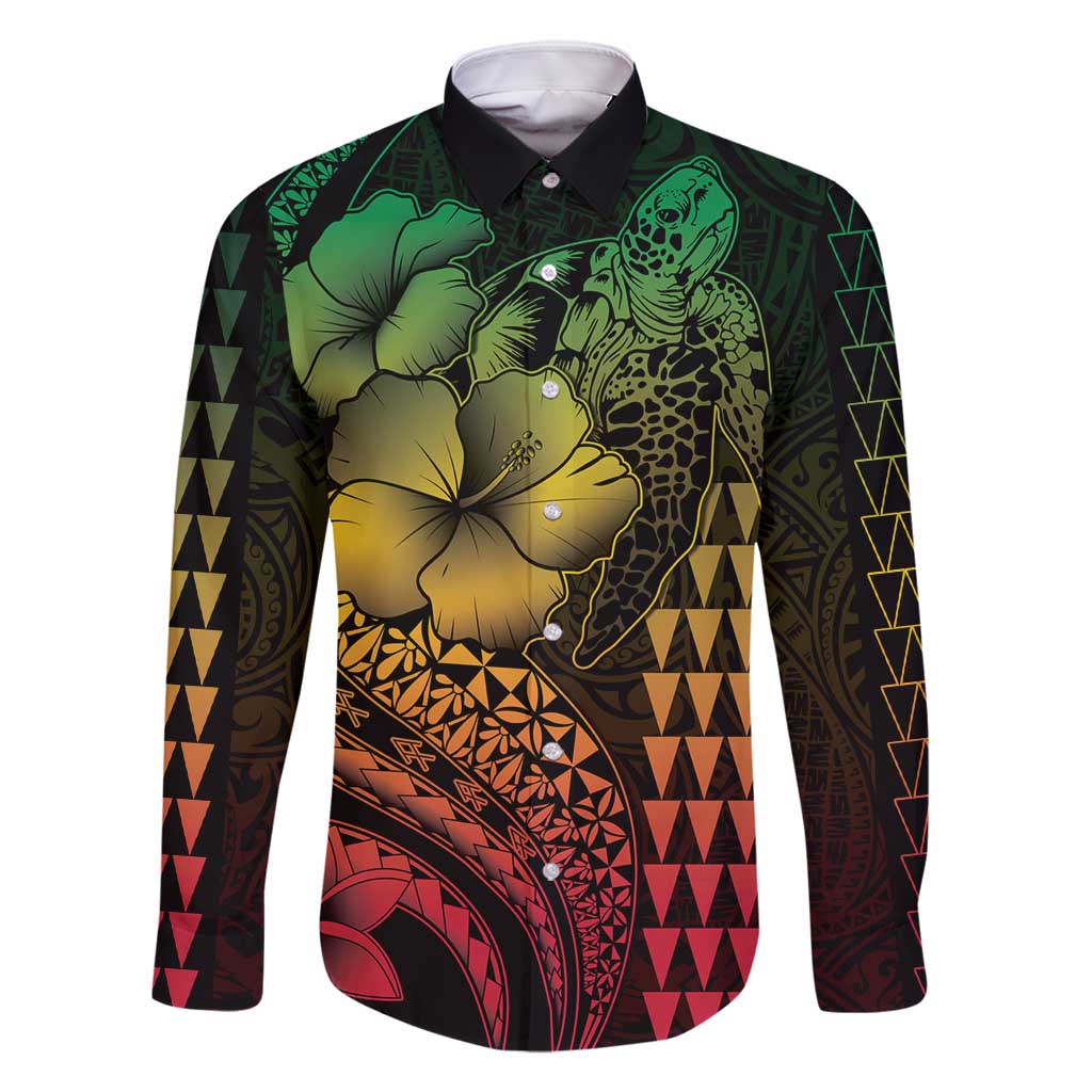 Hawaiian Sea Turtle Family Matching Tank Maxi Dress and Hawaiian Shirt Reggae Hibiscus Flowers and Kakau Pattern