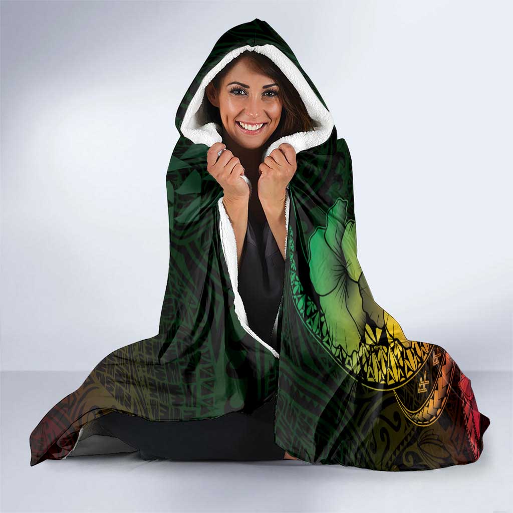 Hawaiian Sea Turtle Hooded Blanket Reggae Hibiscus Flowers and Kakau Pattern