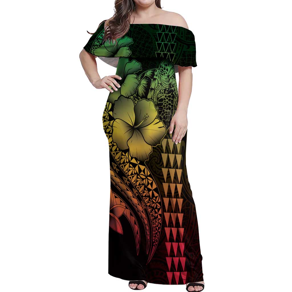 Hawaiian Sea Turtle Off Shoulder Maxi Dress Reggae Hibiscus Flowers and Kakau Pattern