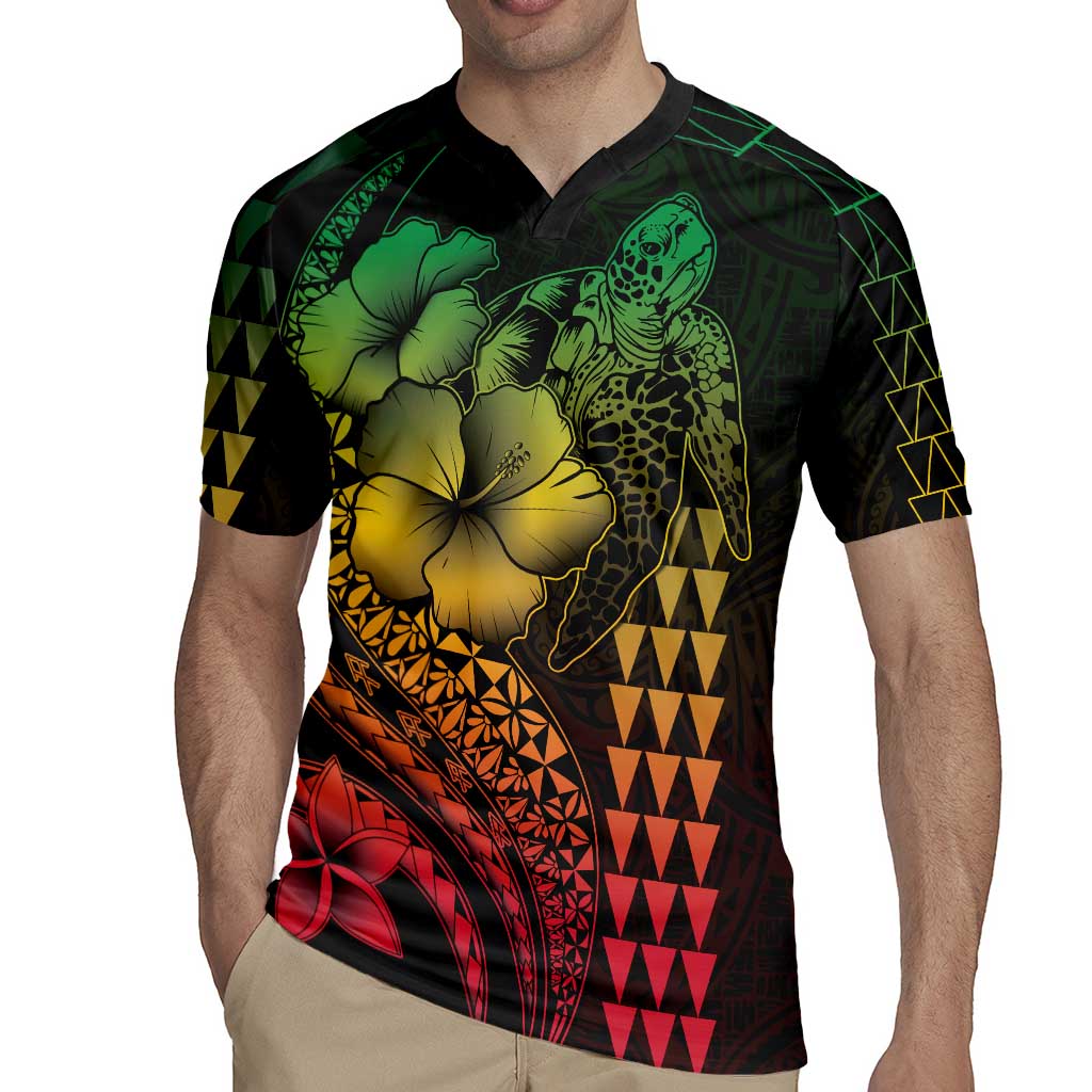 Hawaiian Sea Turtle Rugby Jersey Reggae Hibiscus Flowers and Kakau Pattern