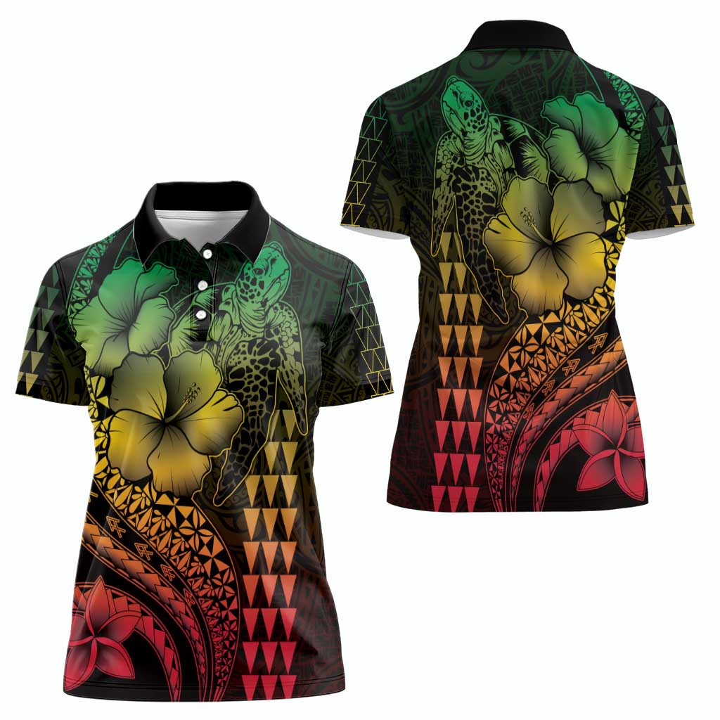 Hawaiian Sea Turtle Women Polo Shirt Reggae Hibiscus Flowers and Kakau Pattern