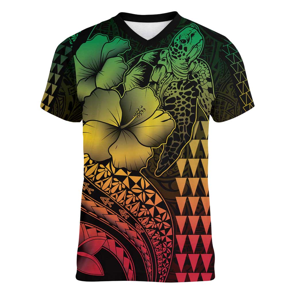 Hawaiian Sea Turtle Women V-Neck T-Shirt Reggae Hibiscus Flowers and Kakau Pattern