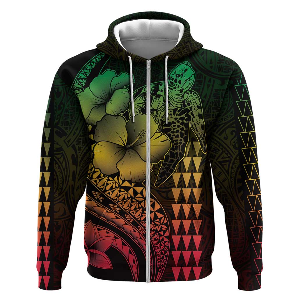 Hawaiian Sea Turtle Zip Hoodie Reggae Hibiscus Flowers and Kakau Pattern