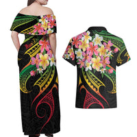 Kiribati Red Jasmine Mango Couples Matching Off Shoulder Maxi Dress and Hawaiian Shirt Reggae Polynesian Art Vibe