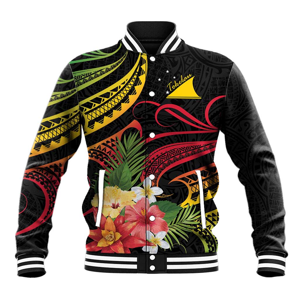 Personalised Tokelau Tropical Flowers Baseball Jacket Reggae Polynesian Art Vibe LT9 Unisex Reggae - Polynesian Pride