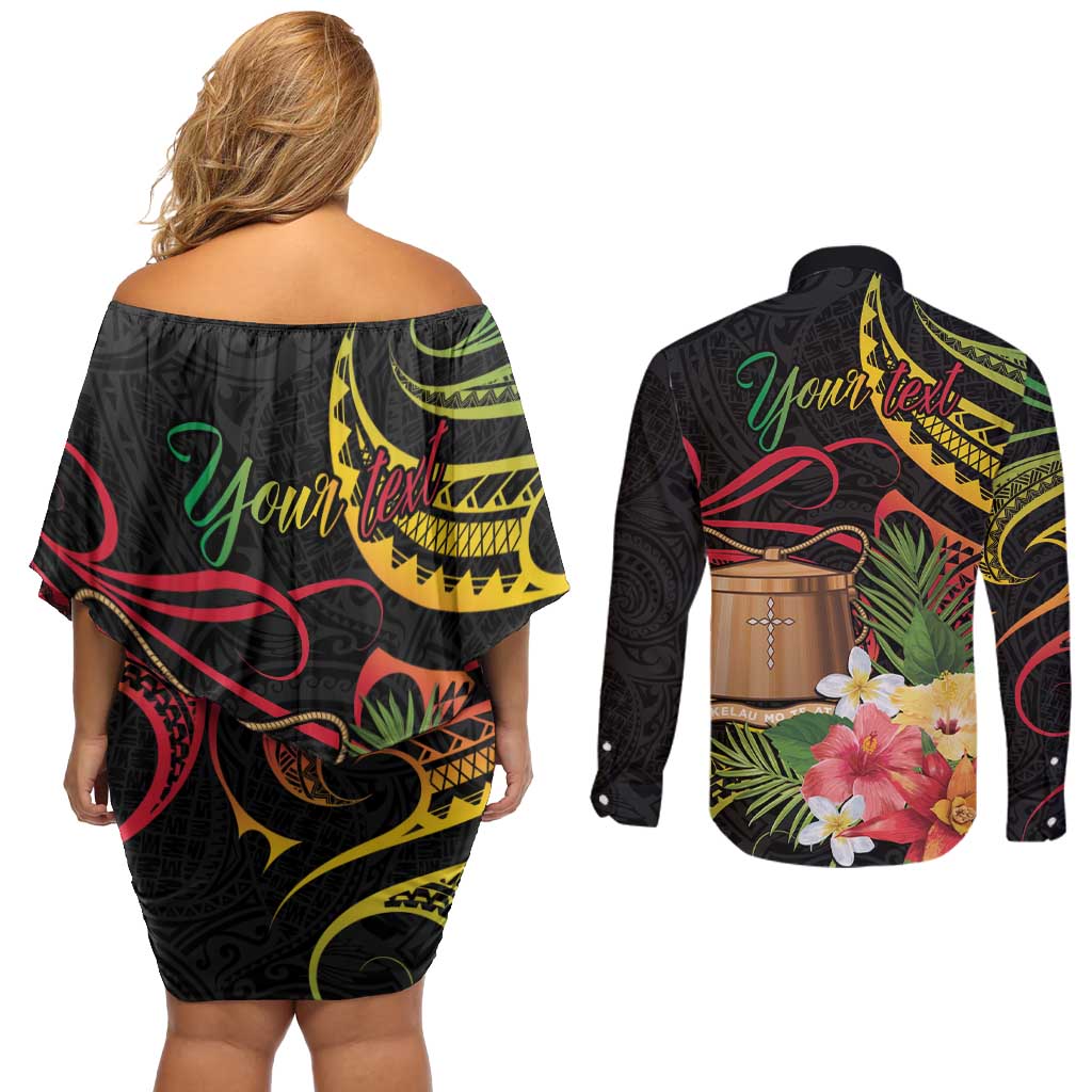 Personalised Tokelau Tropical Flowers Couples Matching Off Shoulder Short Dress and Long Sleeve Button Shirt Reggae Polynesian Art Vibe