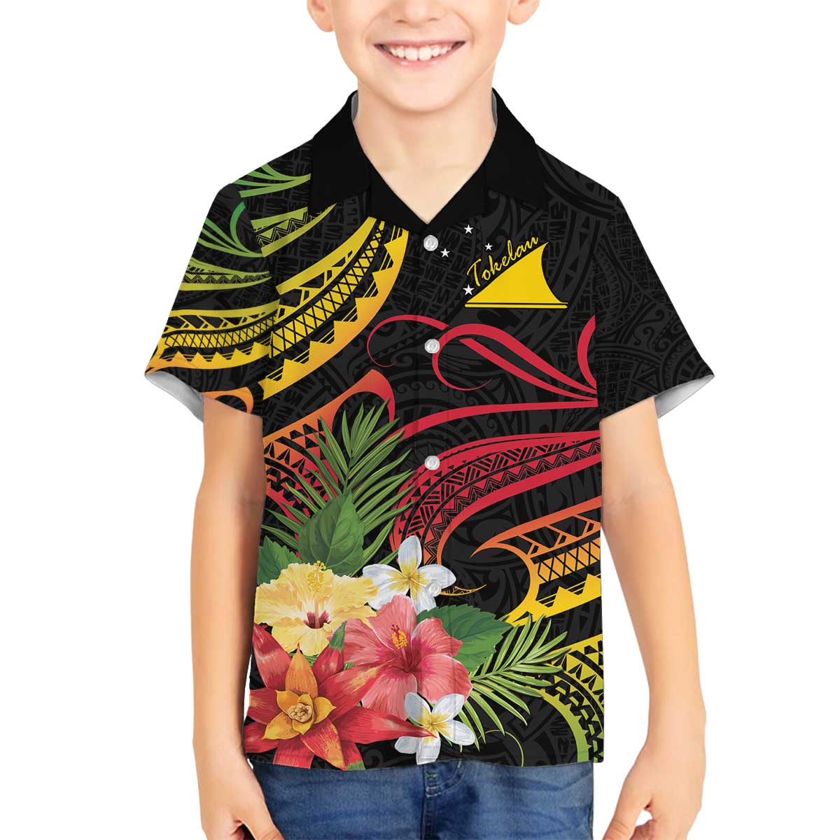 Personalised Tokelau Tropical Flowers Family Matching Off Shoulder Short Dress and Hawaiian Shirt Reggae Polynesian Art Vibe