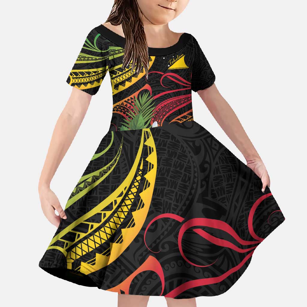Personalised Tokelau Tropical Flowers Family Matching Tank Maxi Dress and Hawaiian Shirt Reggae Polynesian Art Vibe LT9 Daughter's Dress Reggae - Polynesian Pride