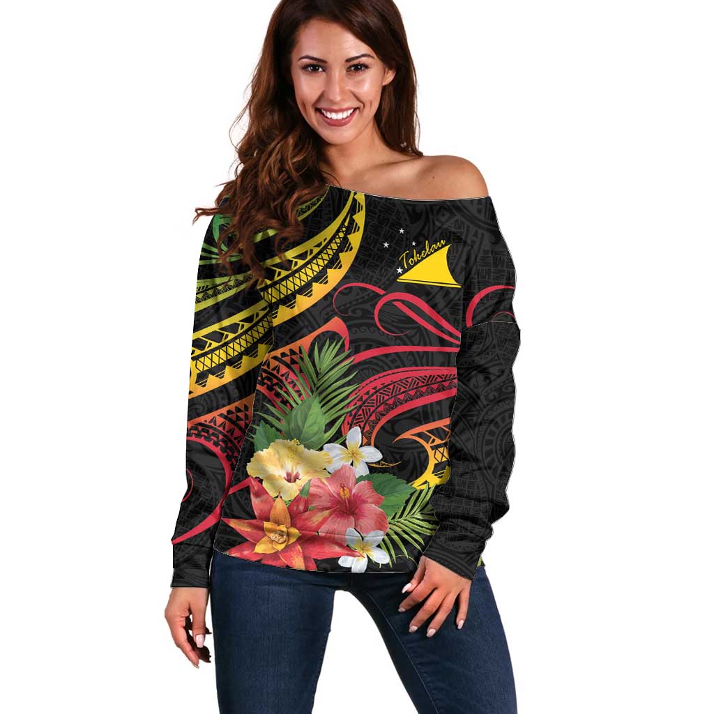 Personalised Tokelau Tropical Flowers Off Shoulder Sweater Reggae Polynesian Art Vibe LT9 Women Reggae - Polynesian Pride