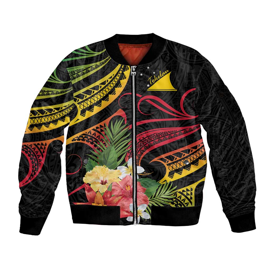 Personalised Tokelau Tropical Flowers Sleeve Zip Bomber Jacket Reggae Polynesian Art Vibe LT9 Unisex Reggae - Polynesian Pride