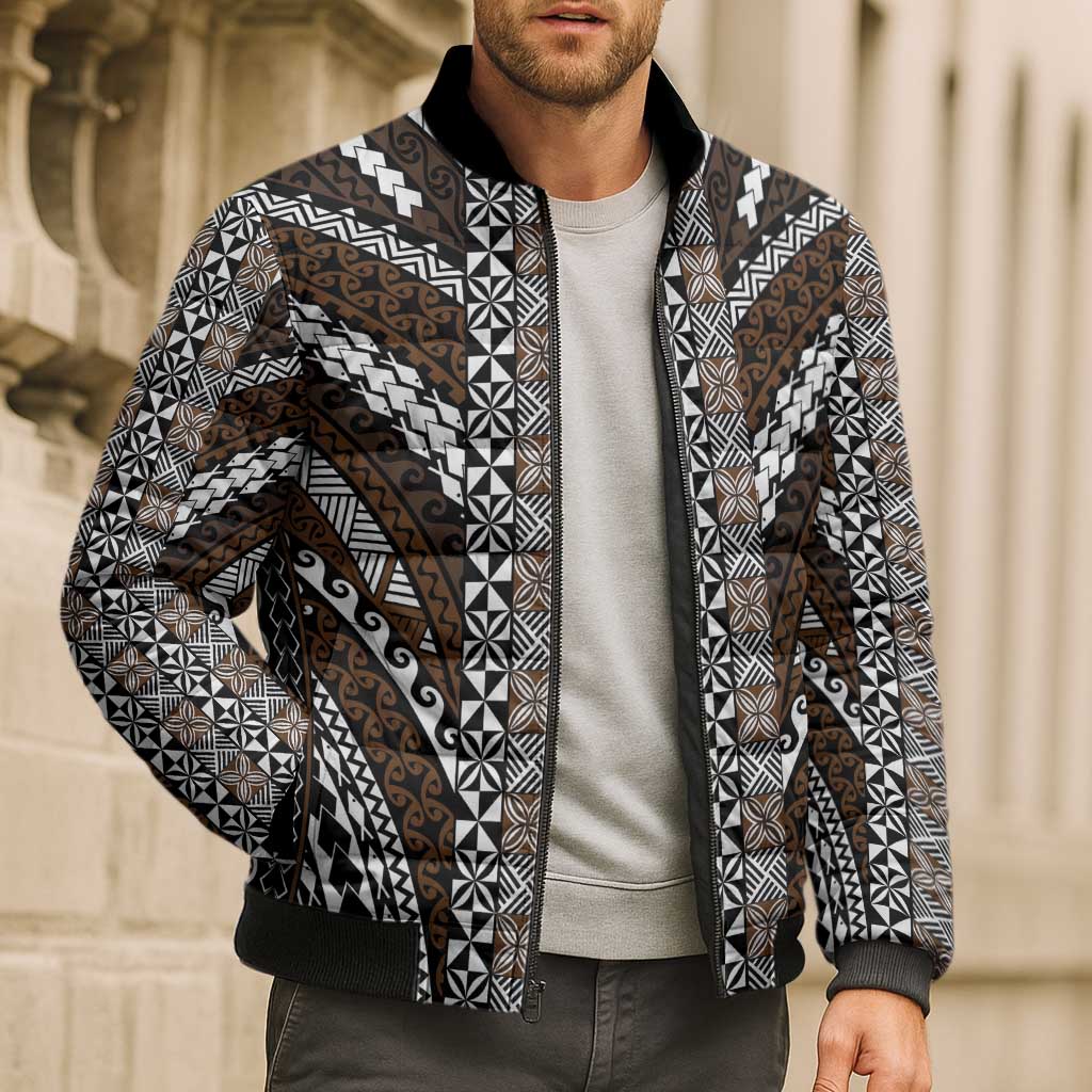 Brown Tongan Polynesian Tribal Bomber Puffer Jacket - Polynesian Pride