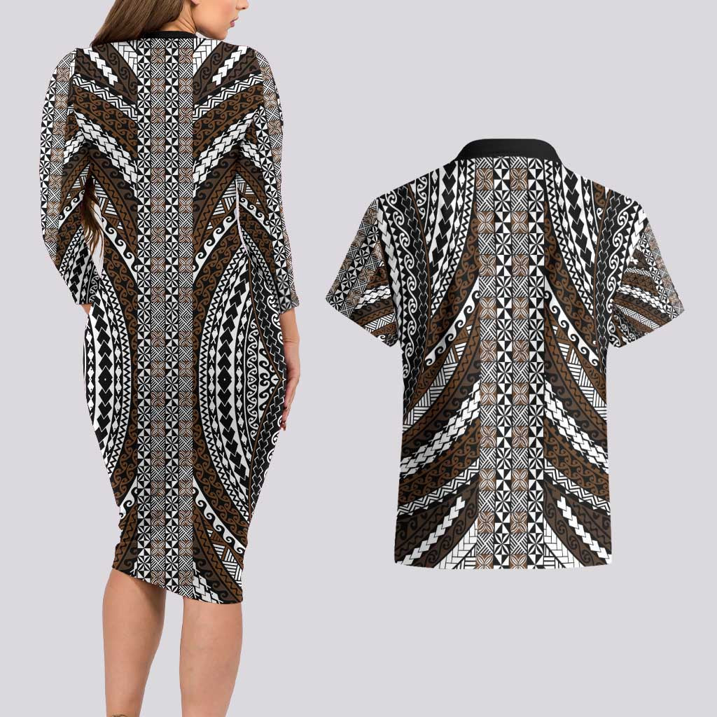 Brown Tongan Polynesian Tribal Couples Matching Long Sleeve Bodycon Dress and Hawaiian Shirt - Polynesian Pride