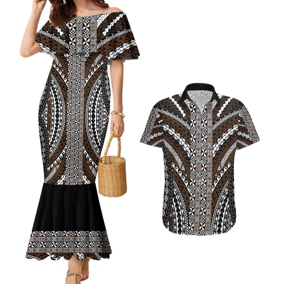 Brown Tongan Polynesian Tribal Couples Matching Mermaid Dress and Hawaiian Shirt - Polynesian Pride