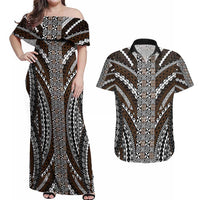Brown Tongan Polynesian Tribal Couples Matching Off Shoulder Maxi Dress and Hawaiian Shirt - Polynesian Pride