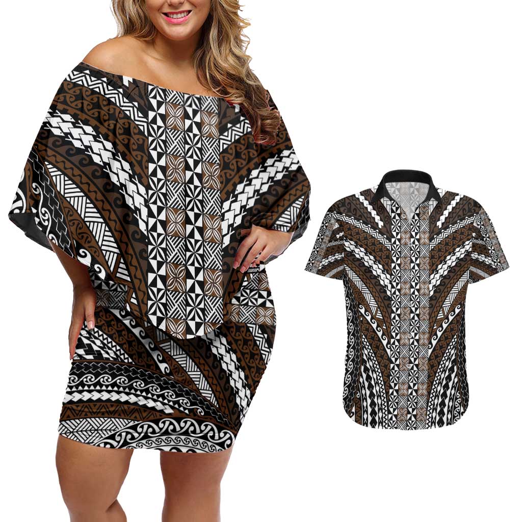 Brown Tongan Polynesian Tribal Couples Matching Off Shoulder Short Dress and Hawaiian Shirt - Polynesian Pride
