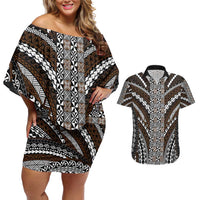 Brown Tongan Polynesian Tribal Couples Matching Off Shoulder Short Dress and Hawaiian Shirt - Polynesian Pride