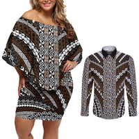 Brown Tongan Polynesian Tribal Couples Matching Off Shoulder Short Dress and Long Sleeve Button Shirt - Polynesian Pride