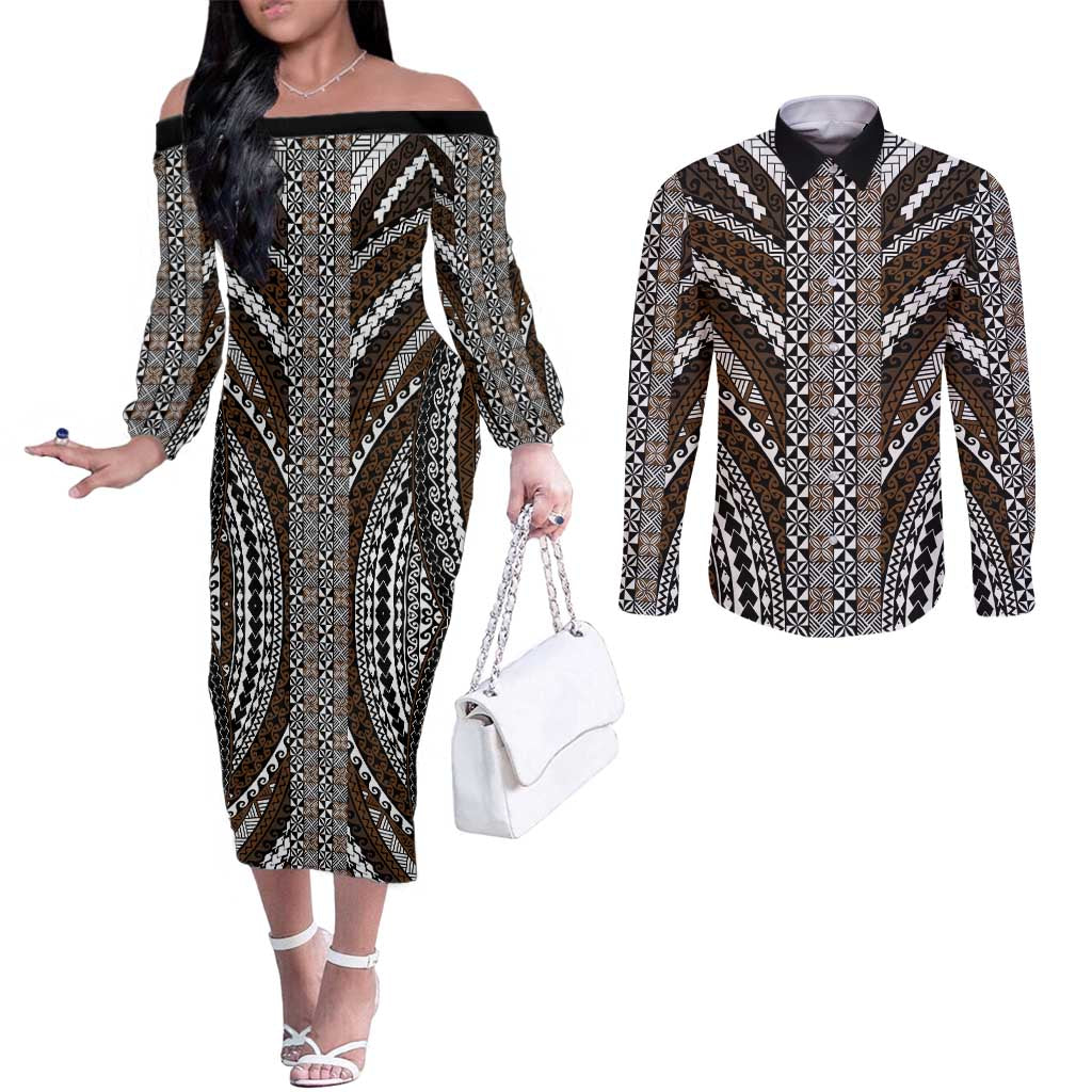 Brown Tongan Polynesian Tribal Couples Matching Off The Shoulder Long Sleeve Dress and Long Sleeve Button Shirt - Polynesian Pride