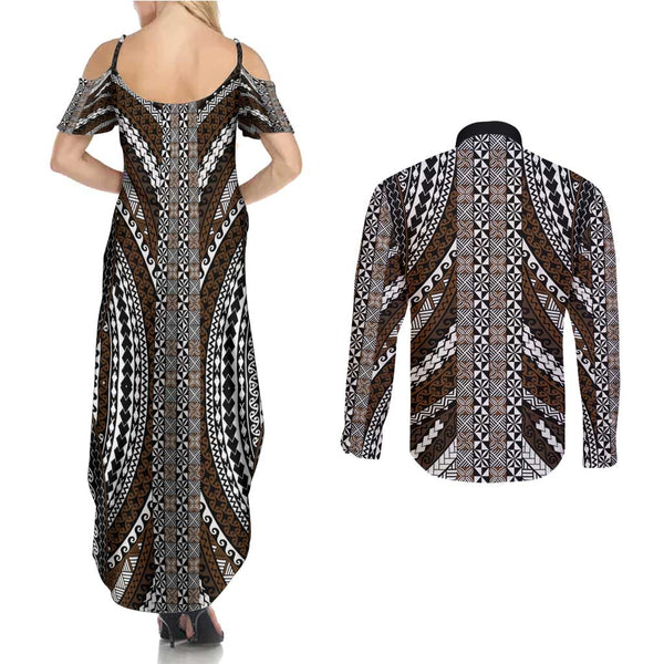Personalised Polynesian Pacific Bulldog Couples Matching Tank Maxi Dress and Long Sleeve Button Shirts With Violet Hawaii Tribal Tattoo Patterns LT7