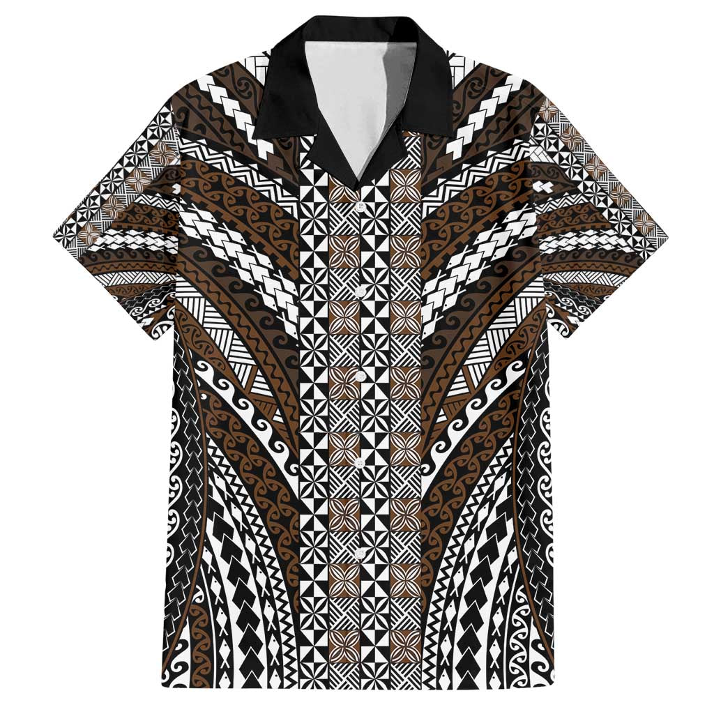 Brown Tongan Polynesian Tribal Family Matching Off Shoulder Maxi Dress and Hawaiian Shirt - Polynesian Pride