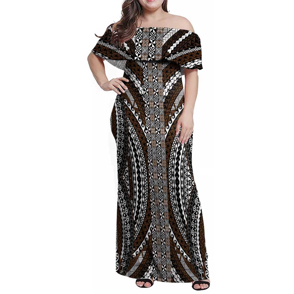 Brown Tongan Polynesian Tribal Family Matching Off Shoulder Maxi Dress and Hawaiian Shirt - Polynesian Pride
