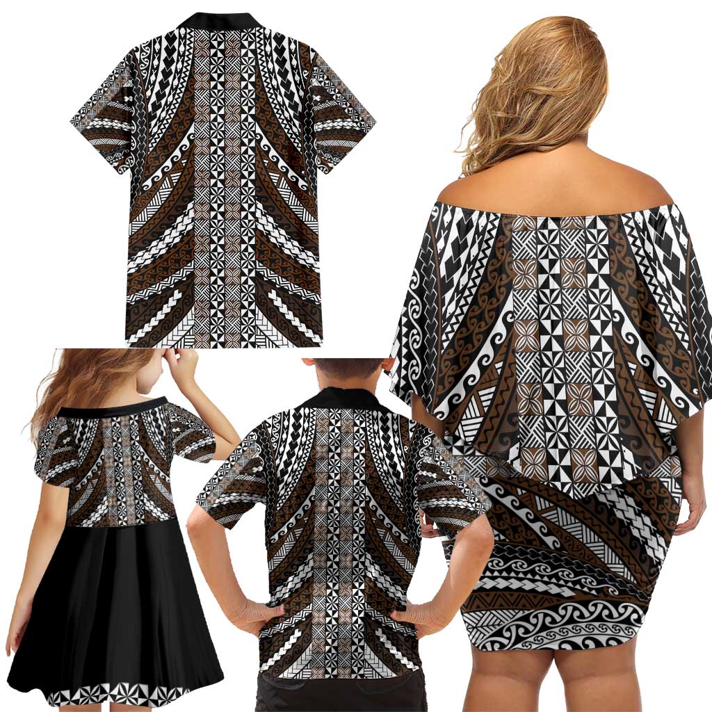 Brown Tongan Polynesian Tribal Family Matching Off Shoulder Short Dress and Hawaiian Shirt - Polynesian Pride