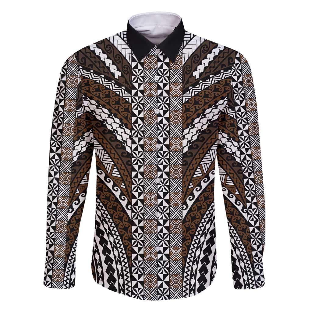 Brown Tongan Polynesian Tribal Family Matching Off Shoulder Short Dress and Hawaiian Shirt - Polynesian Pride