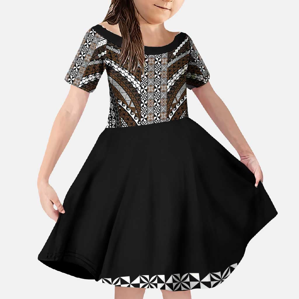 Brown Tongan Polynesian Tribal Family Matching Short Sleeve Bodycon Dress and Hawaiian Shirt - Polynesian Pride