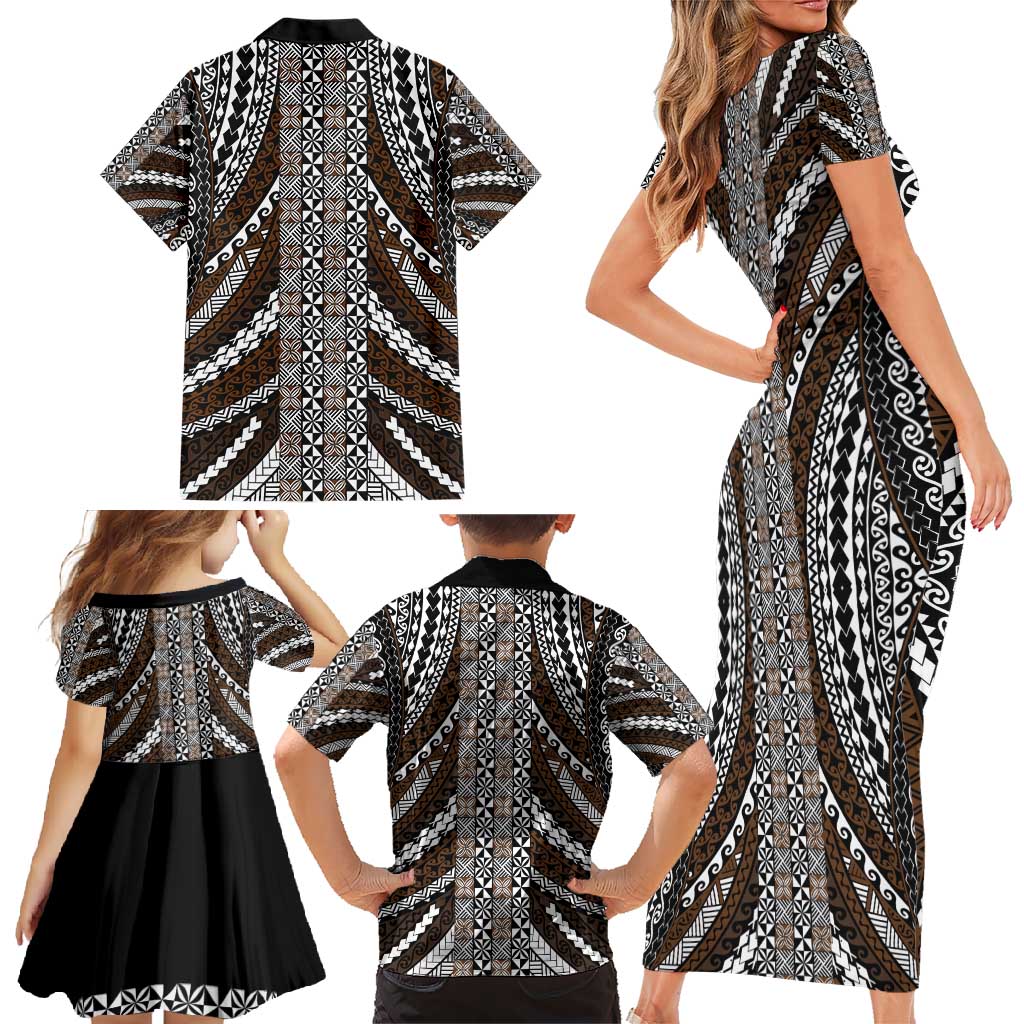 Brown Tongan Polynesian Tribal Family Matching Short Sleeve Bodycon Dress and Hawaiian Shirt - Polynesian Pride