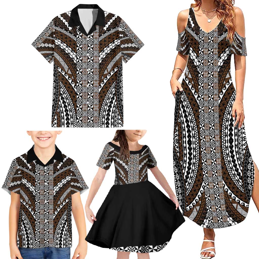 Brown Tongan Polynesian Tribal Family Matching Summer Maxi Dress and Hawaiian Shirt - Polynesian Pride