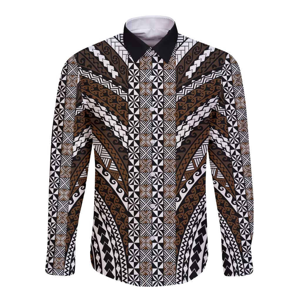 Brown Tongan Polynesian Tribal Long Sleeve Button Shirt - Polynesian Pride